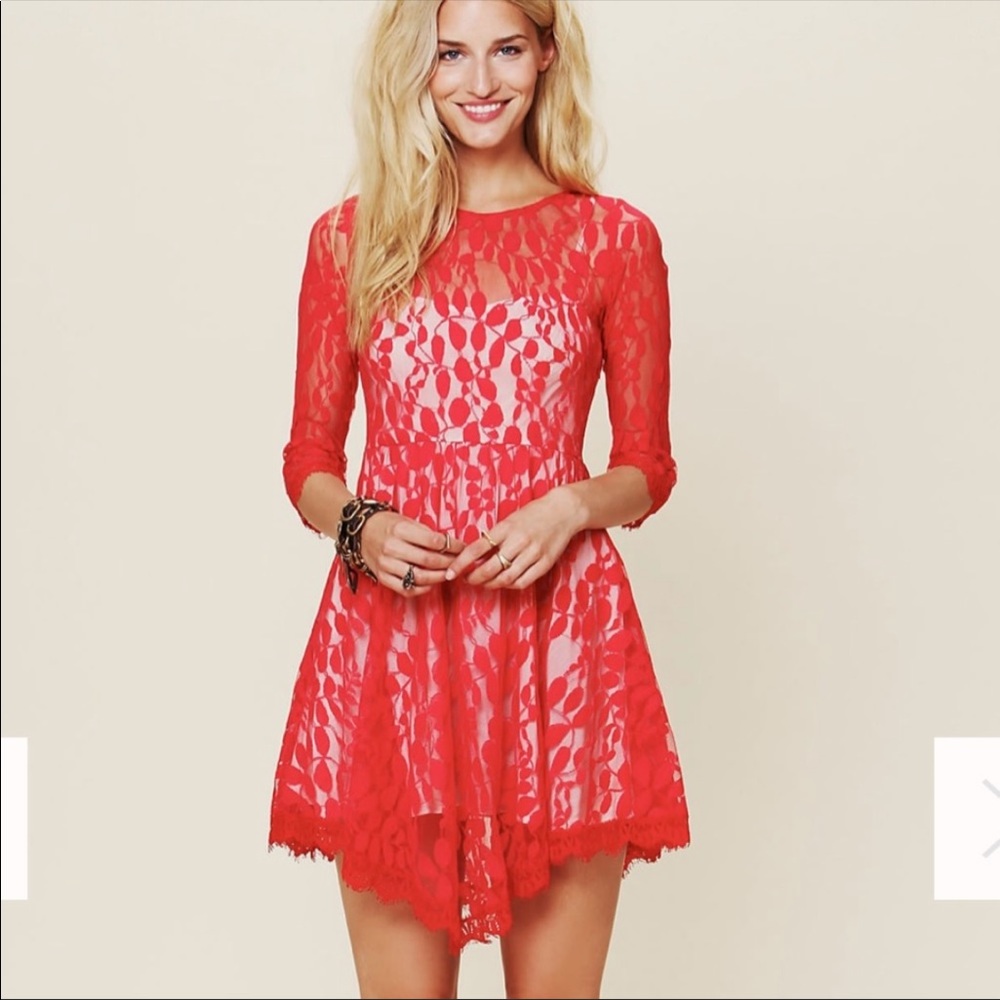 Free People Red Lace Hankerchief Hem High Low Dress 6